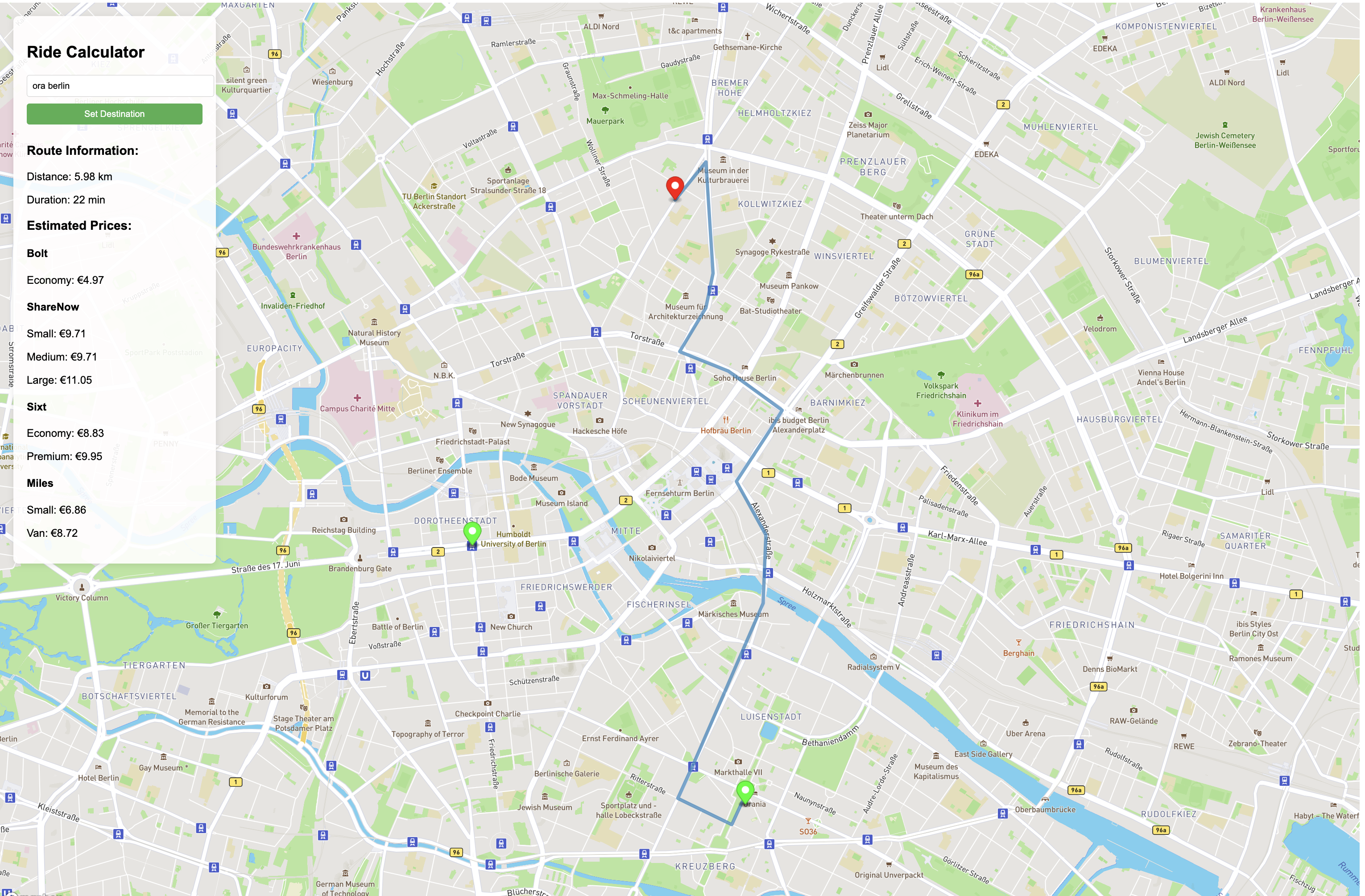 First deployment of the app, looking for a way to get to a Restaurant in Berlin. In this case, Bolt is by far the cheapest option, followed by Miles.